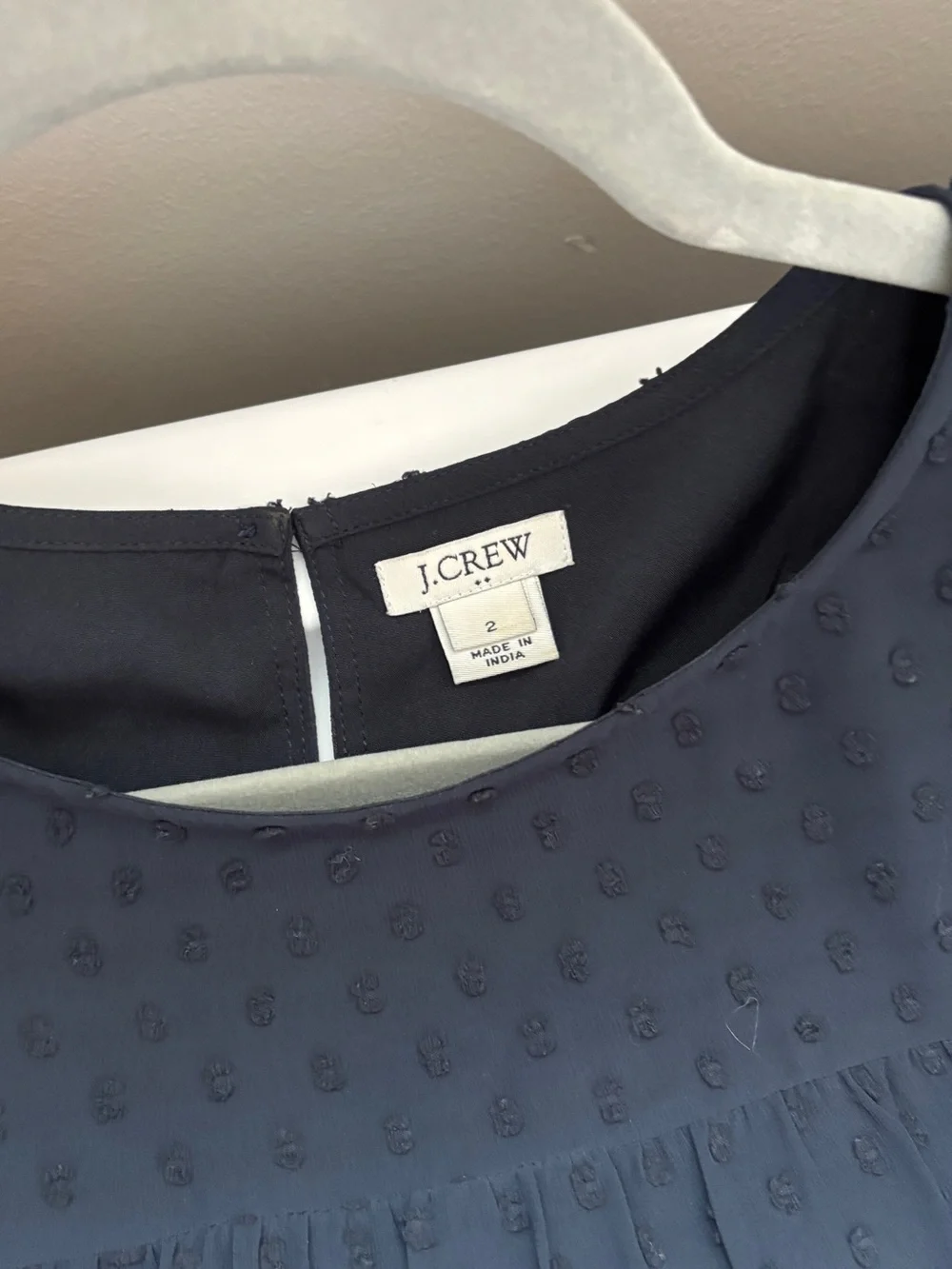 J. Crew Navy Swiss Dot Ruffle Front Blouse